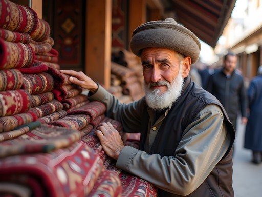 Traditional Turkmen carpet vendor displaying colorful handwoven rugs at Mary bazaar