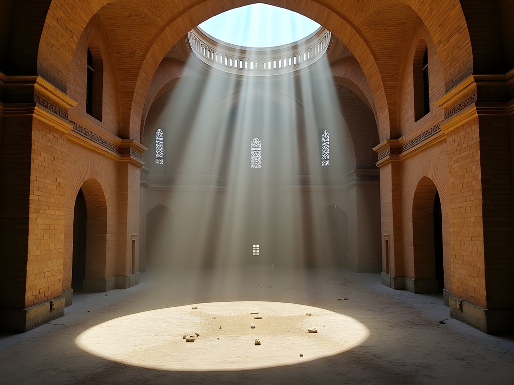Sunlight streaming through windows in the dome of Sultan Sanjar Mausoleum in Merv