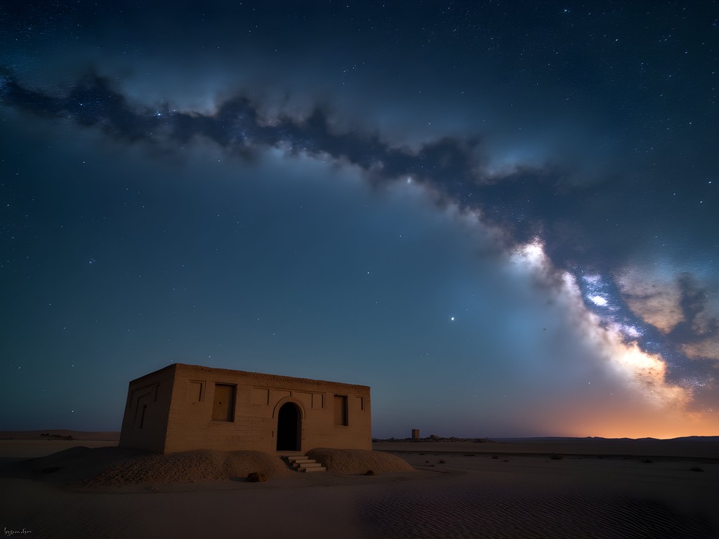 Milky Way galaxy visible over silhouette of ancient ruins in Karakum Desert, Turkmenistan