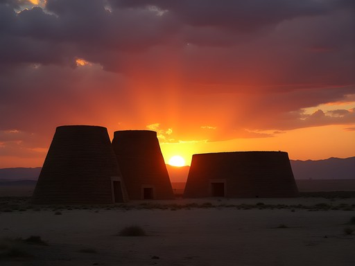 Silhouettes of Lesser and Greater Kyz Kala fortresses at sunset in Ancient Merv