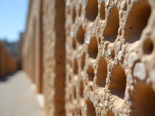 Close-up texture of coral stone building in Massawa showing embedded shells and marine fossils