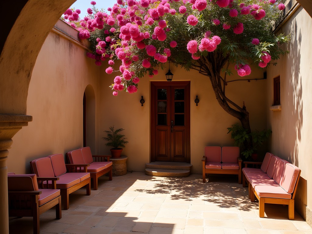 Courtyard of historic hotel in Massawa with bougainvillea and traditional architecture