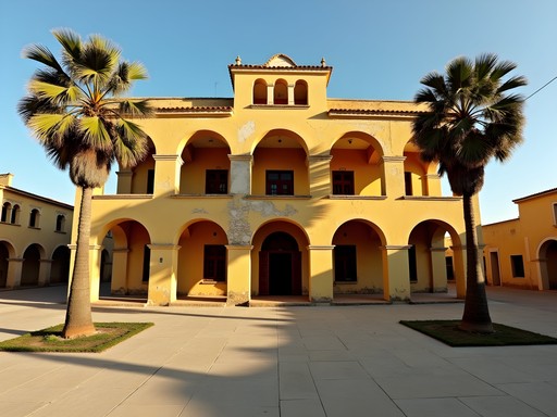 Italian colonial building with arched portico in Massawa showing architectural fusion