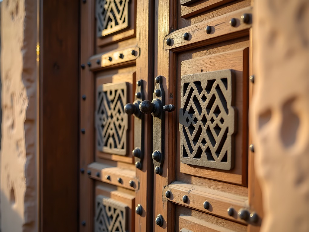 Ornate wooden doors with geometric carvings in Massawa's Ottoman Quarter
