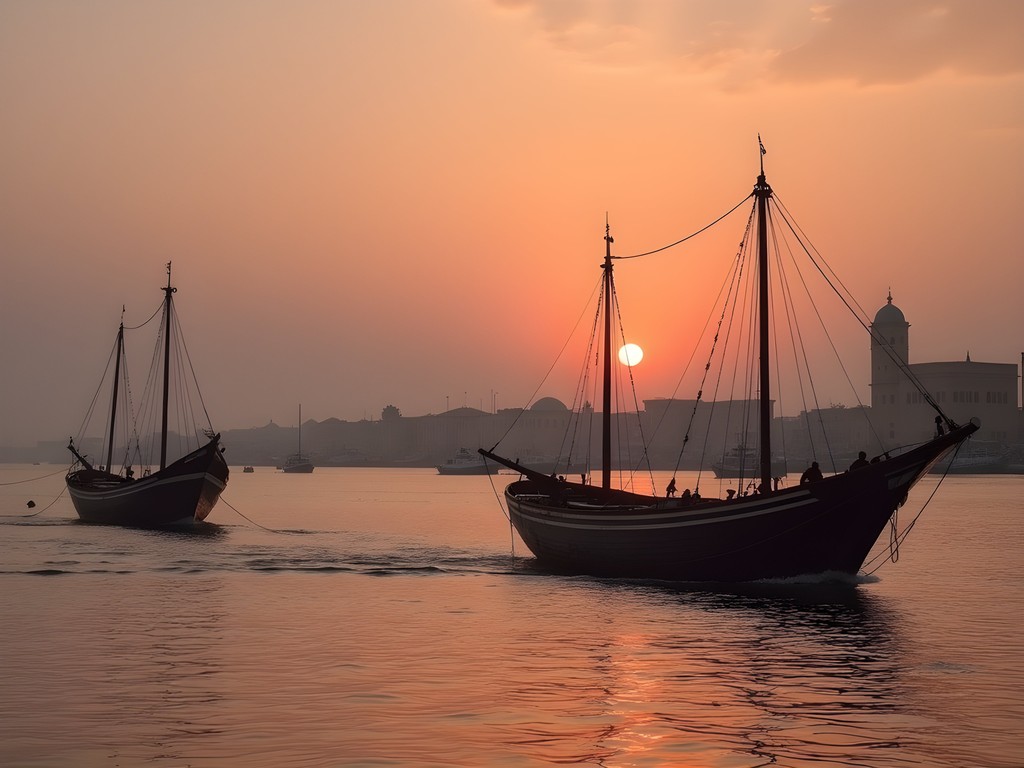 Traditional fishing boats returning to Massawa port at dawn with historic buildings in background