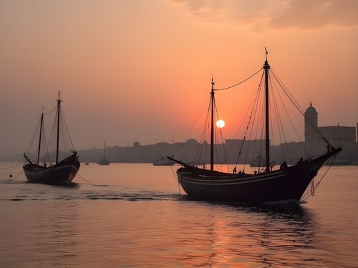Traditional fishing boats returning to Massawa port at dawn with historic buildings in background