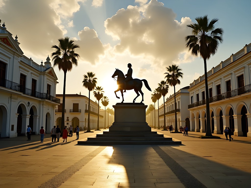 Early morning view of Plaza Bolívar in Maturín with colonial architecture and statue