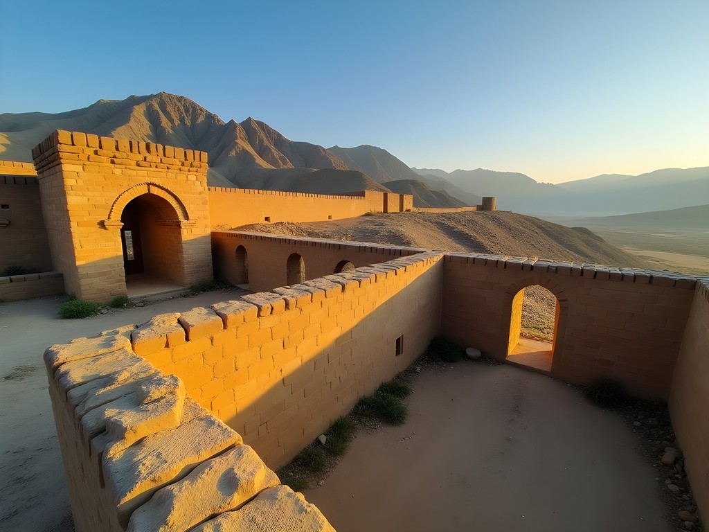 Ancient mud-brick walls of Tashkurgan Citadel glowing amber in morning light