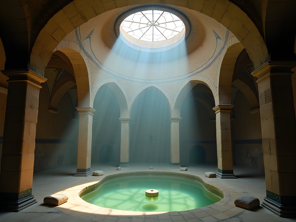Sunbeams streaming through star-shaped openings in ancient hammam ceiling