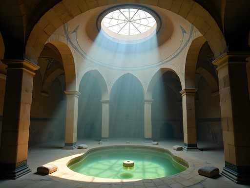 Sunbeams streaming through star-shaped openings in ancient hammam ceiling