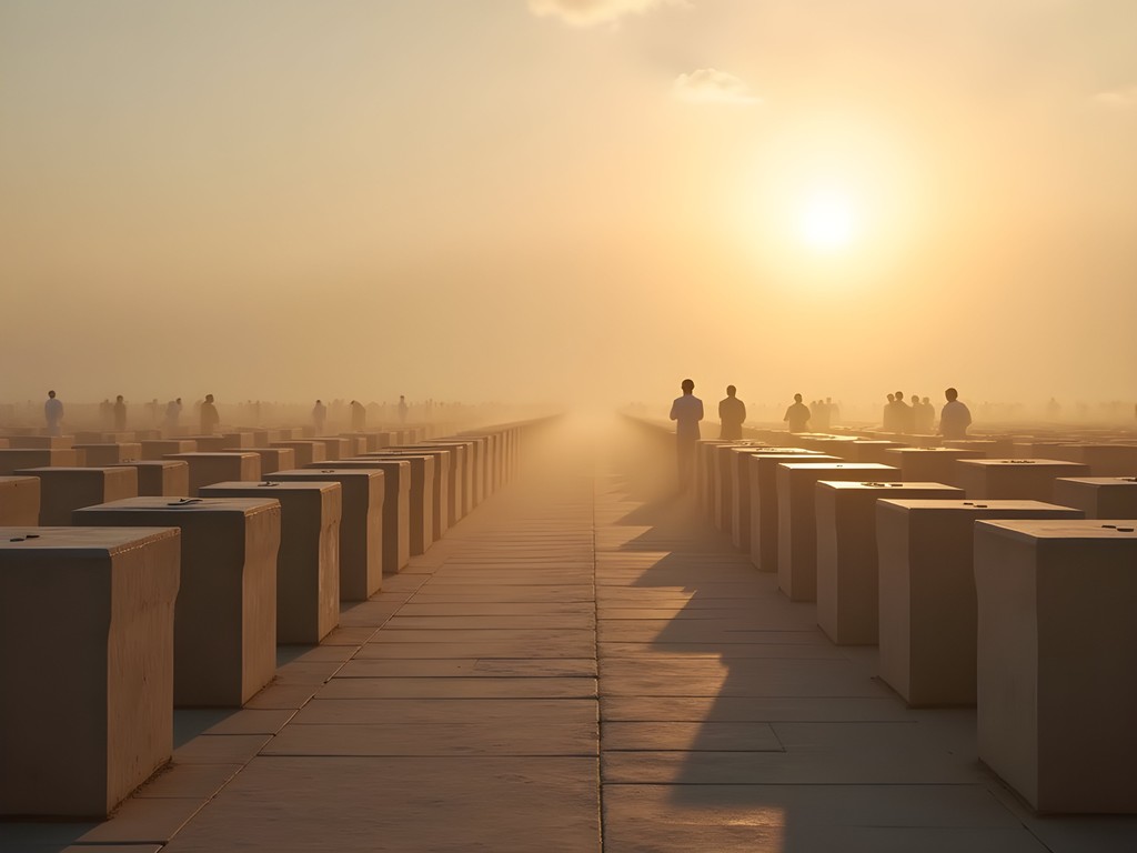 Jannat al-Baqi cemetery at dawn with silhouettes of visitors offering prayers