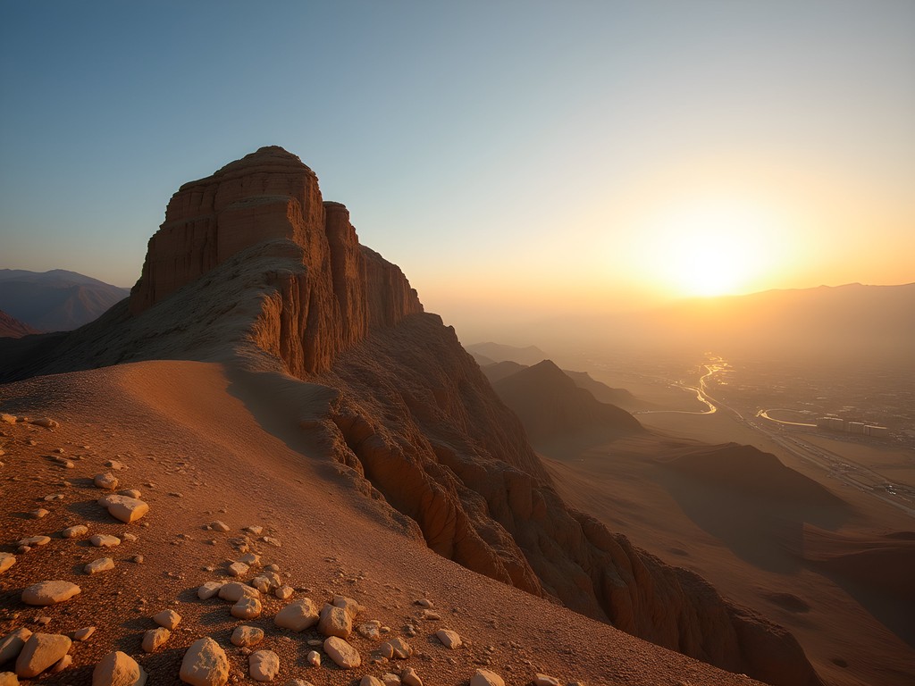 Mount Uhud at sunrise with golden light illuminating its distinctive rocky slopes