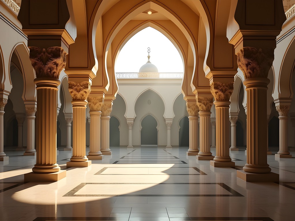 Interior of Al-Qiblatayn Mosque showing prayer niches in two directions with light streaming through windows