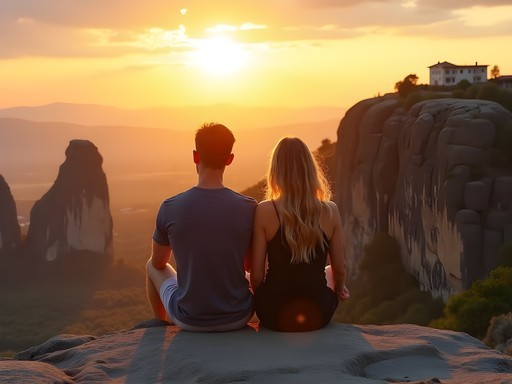 Couple enjoying sunset view of Meteora monasteries from scenic viewpoint