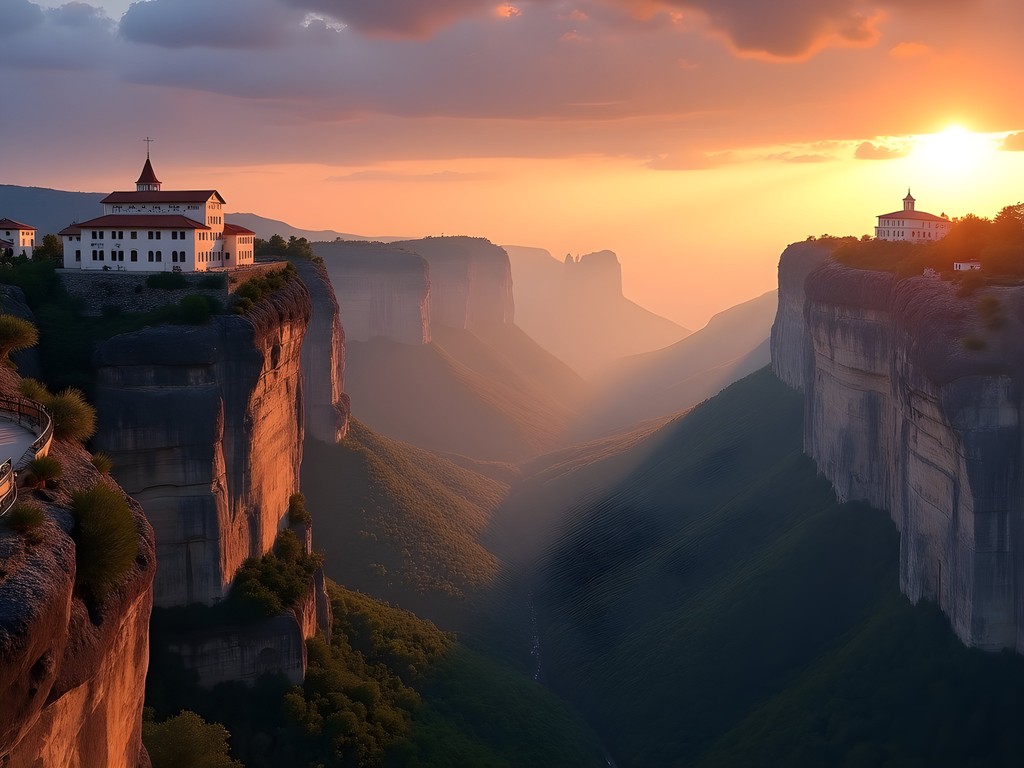 Panoramic sunset view of Meteora's monasteries perched on dramatic rock pillars