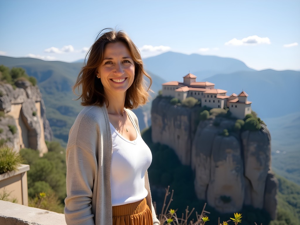 Woman in appropriate monastery visit attire standing at Meteora viewpoint