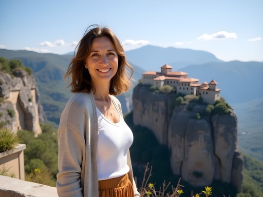 Woman in appropriate monastery visit attire standing at Meteora viewpoint
