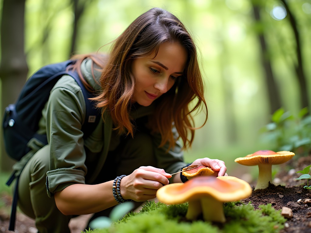 Woman examining wild mushrooms during foraging tour near Meteora