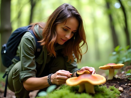 Woman examining wild mushrooms during foraging tour near Meteora