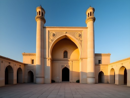Ancient Arba'a Rukun Mosque in Mogadishu at sunrise with golden light illuminating coral stone architecture
