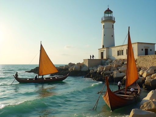 Historic Mogadishu lighthouse overlooking traditional fishing dhows in the ancient harbor