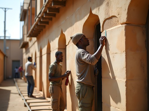 Somali craftsmen restoring traditional coral stone buildings in Mogadishu's Shanghai district