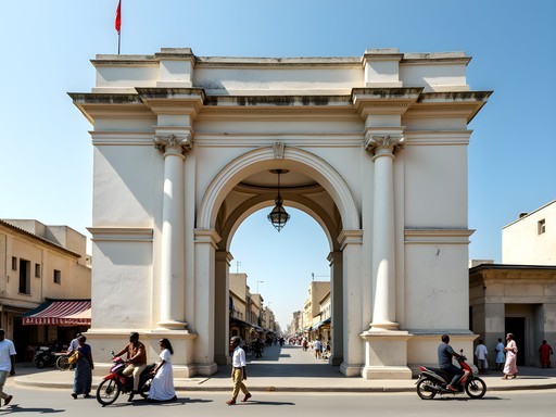 The historic Arch of Umberto in Mogadishu with modern Somali street life passing beneath it