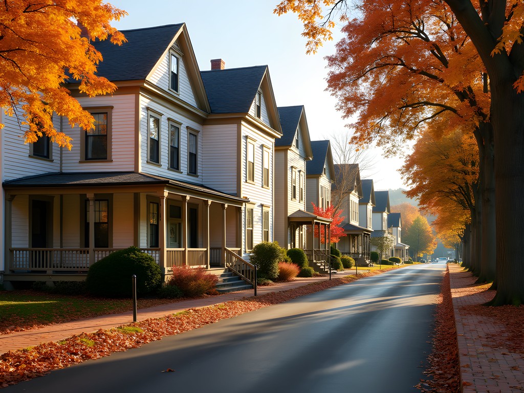 Row of historic homes on Elm Street in Montpelier showing different architectural periods with fall foliage