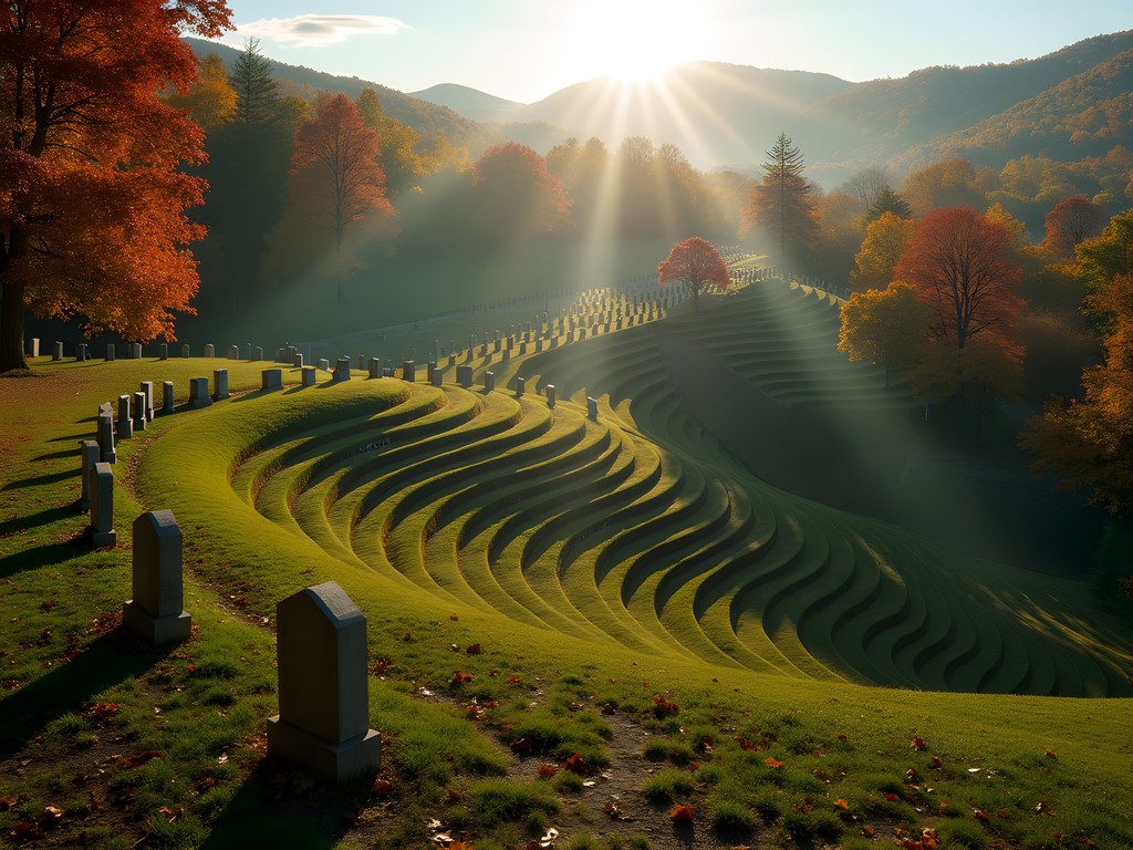 Terraced landscape of Green Mount Cemetery in Montpelier with fall colors and visible engineering features