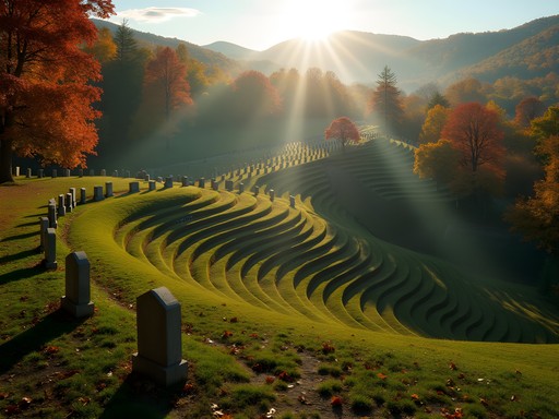 Terraced landscape of Green Mount Cemetery in Montpelier with fall colors and visible engineering features