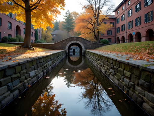 Historic stone millrace behind Langdon Street buildings in Montpelier with autumn foliage