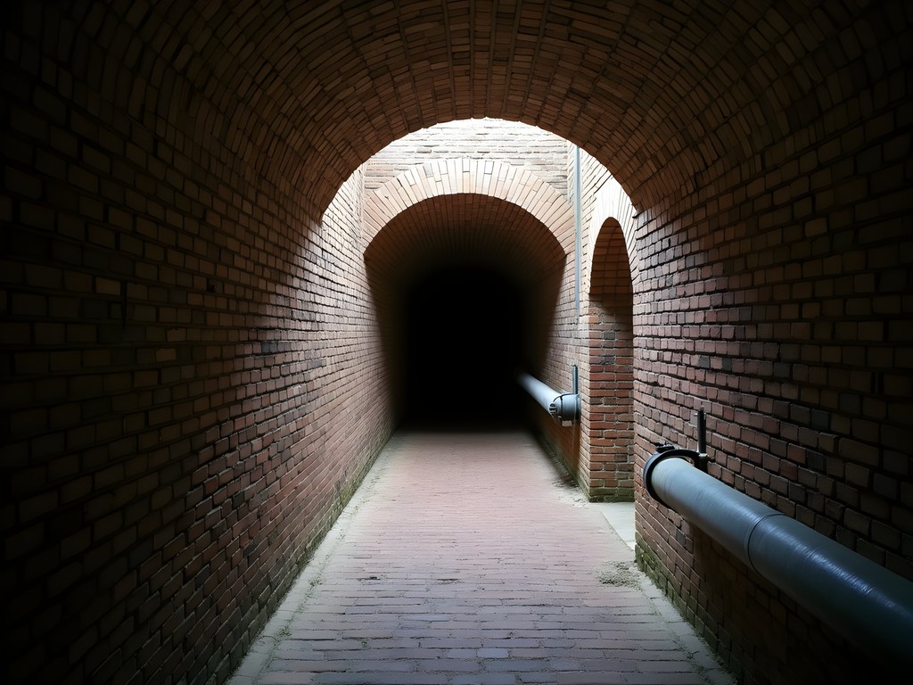 Historic brick tunnel beneath downtown Montpelier with arched ceiling and original utility fixtures