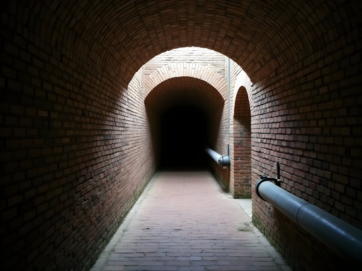 Historic brick tunnel beneath downtown Montpelier with arched ceiling and original utility fixtures