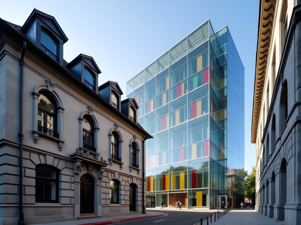 Dramatic contrast between colorful modern glass building and historic stone architecture in Montreal