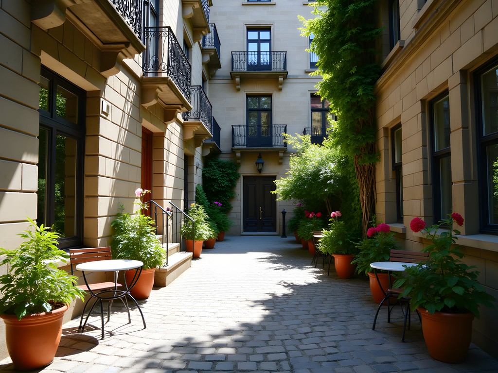 Sunlit hidden courtyard in Montreal with historic stone buildings and flowering plants