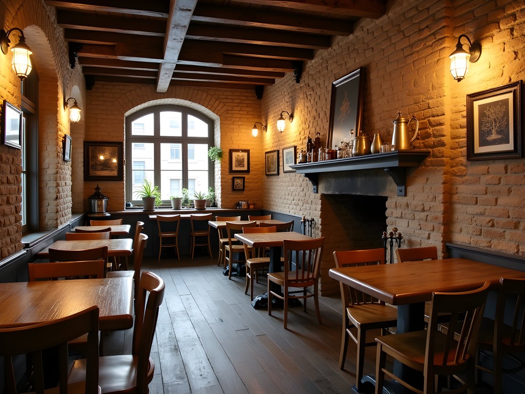 Cozy historic café in Montreal with exposed stone walls, wooden beams, and traditional Quebec cuisine