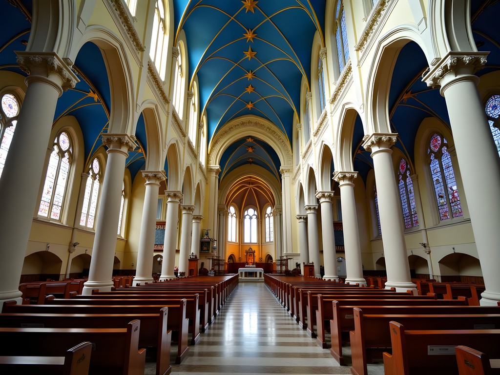 Blue and gold interior of Montreal's Notre-Dame Basilica with dramatic lighting