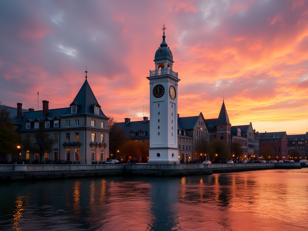 Montreal's Old Port at sunset with historic Clock Tower and St. Lawrence River