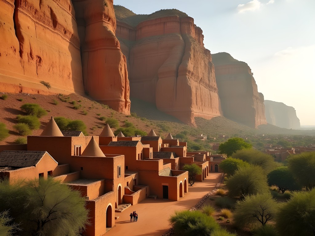 Bandiagara Escarpment showing traditional Dogon cliff dwellings and granaries