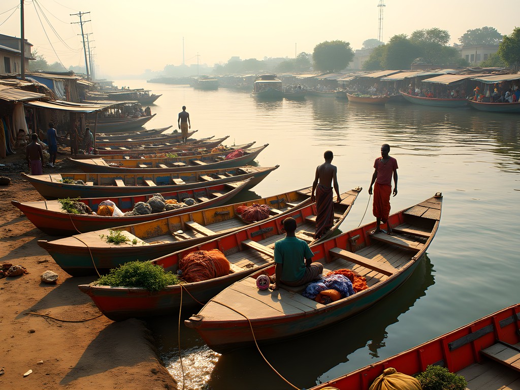 Bustling market scene at Mopti's port with colorful boats and traders