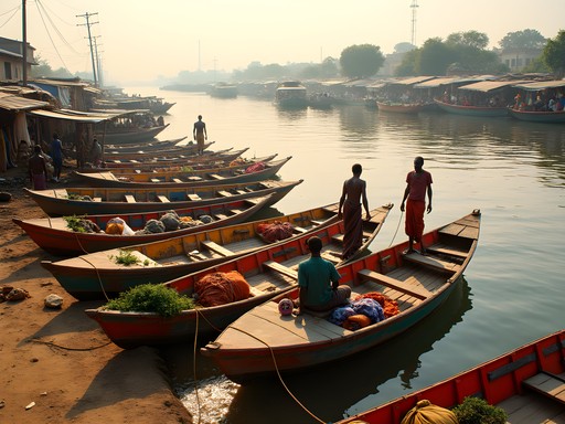 Bustling market scene at Mopti's port with colorful boats and traders