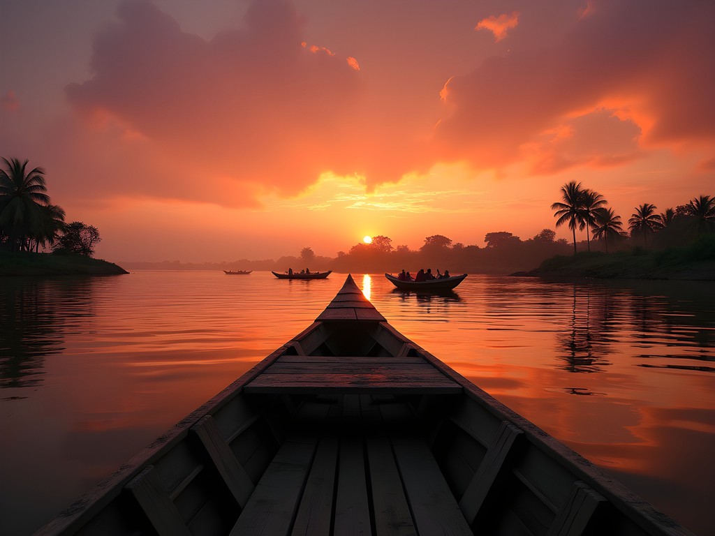 Sunset view from traditional pinasse boat on Niger River near Mopti
