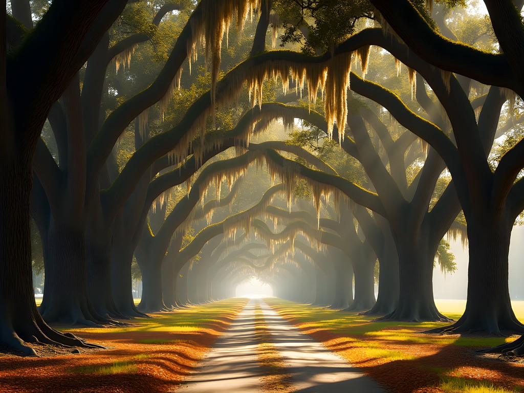 Avenue of Oaks at Boone Hall Plantation in autumn with golden light filtering through Spanish moss
