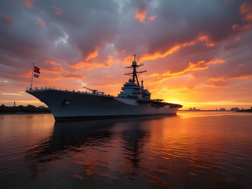 USS Yorktown at Patriots Point with Charleston skyline at sunset in autumn