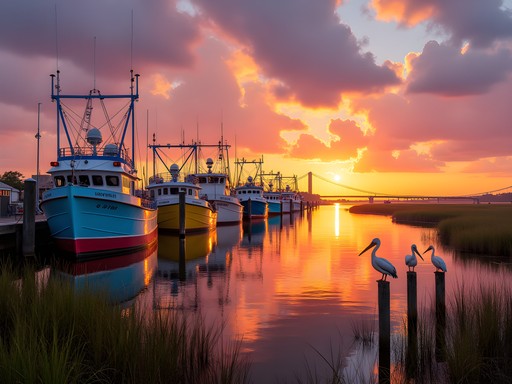 Shrimp boats docked at Shem Creek with dramatic autumn sunset in Mount Pleasant