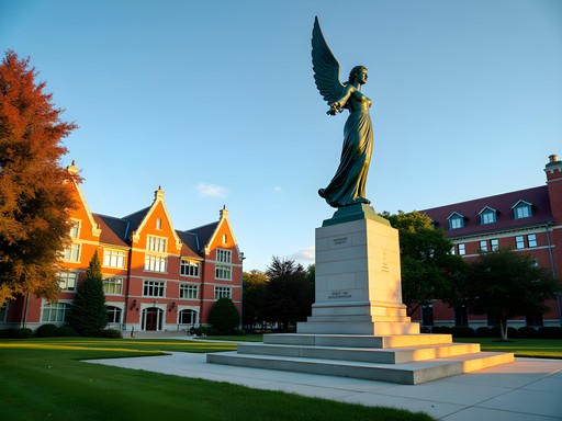 Beneficence monument on Ball State University campus against blue sky
