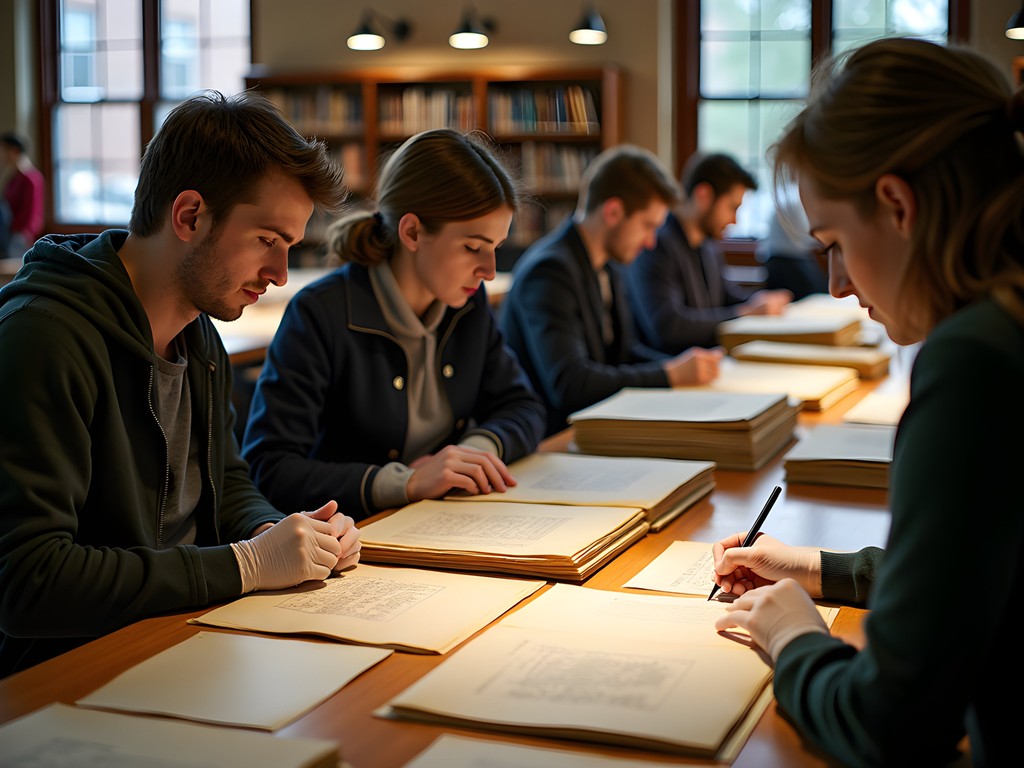 Student researchers examining historical documents in the Middletown Studies Archives