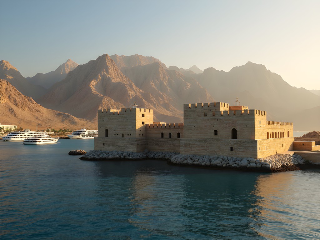 Al Jalali and Al Mirani forts overlooking Muscat harbor at sunset
