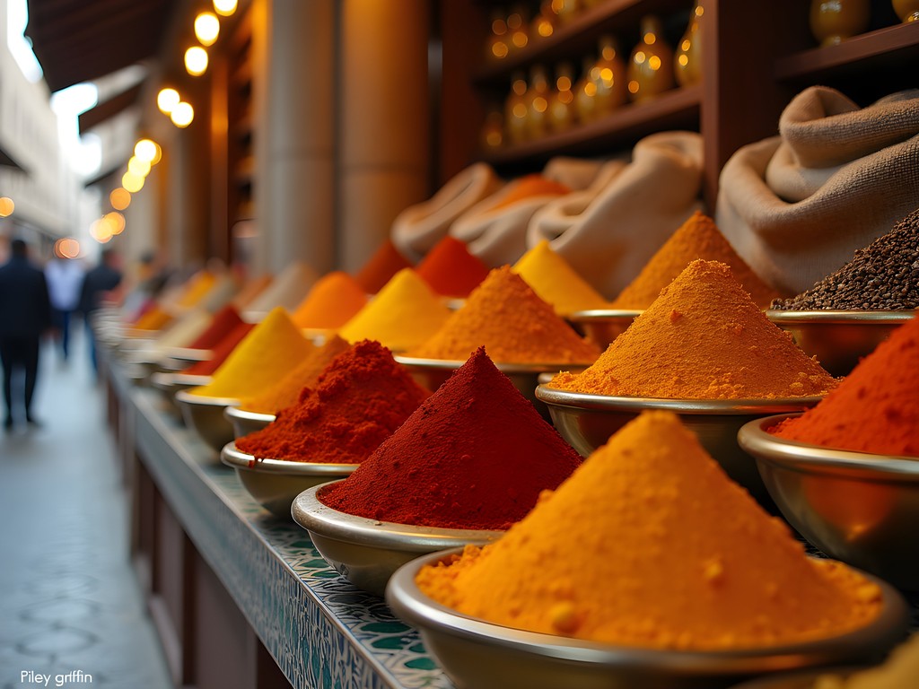 Colorful spice displays in Mutrah Souq with traditional Omani architecture