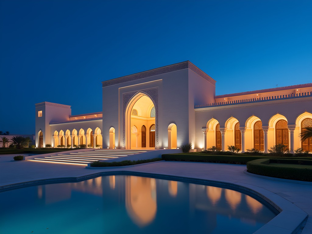 Illuminated exterior of Royal Opera House Muscat at dusk showing contemporary Omani architecture
